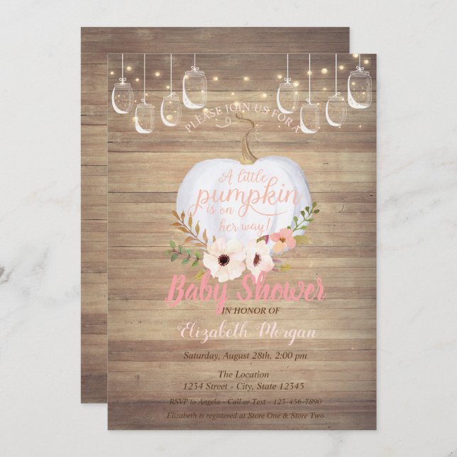 Elegant Pumpkin,Floral, Wood Texture Baby Shower Invitation (Front/Back)