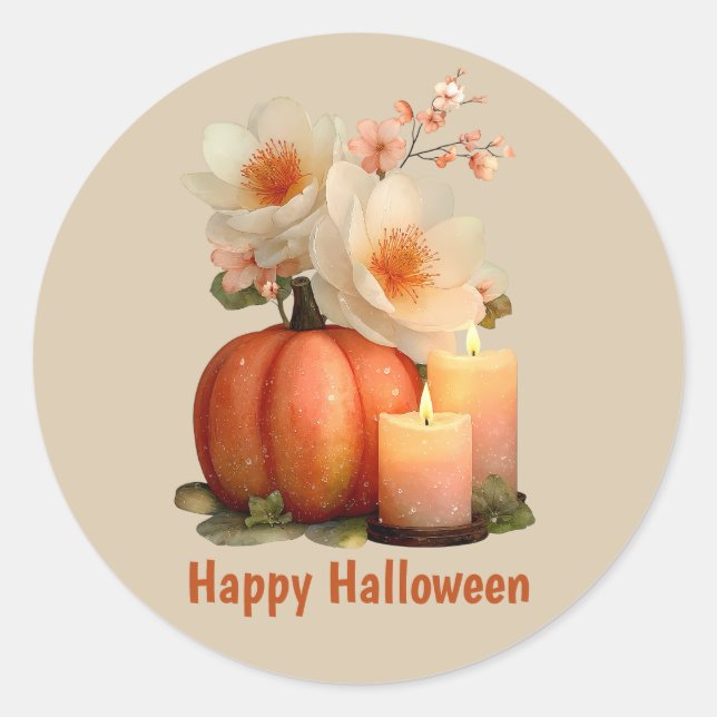 Elegant Pumpkin & Flowers Halloween Classic Round Sticker (Front)