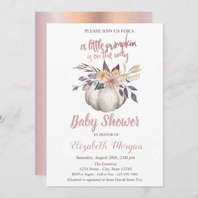 Elegant Pumpkin,Flowers Rose Gold Baby Shower Invitation (Front/Back)
