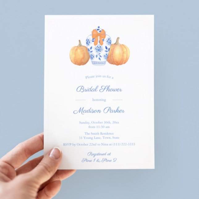 Elegant Pumpkin Ginger Jar Bridal Shower Party Invitation (Elegant fall watercolor blue white ginger jar bridal shower invitation with orange pumpkins and bow)