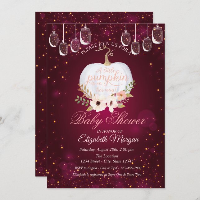 Elegant Pumpkin,Lights,Floral Burgundy Baby Shower Invitation (Front/Back)