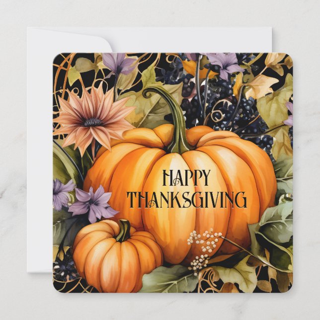 Elegant Pumpkins Floral Happy Thanksgiving Card (Front)
