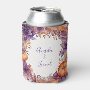 Elegant Pumpkins Purple Flowers Wedding Can Cooler