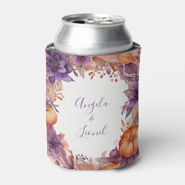 Elegant Pumpkins Purple Flowers Wedding Can Cooler (Can Front)