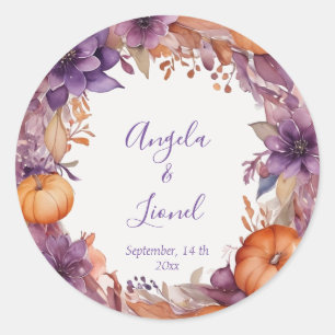 Elegant Pumpkins Purple Flowers Wedding Classic Round Sticker