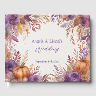 Elegant Pumpkins Purple Flowers Wedding Guest Book