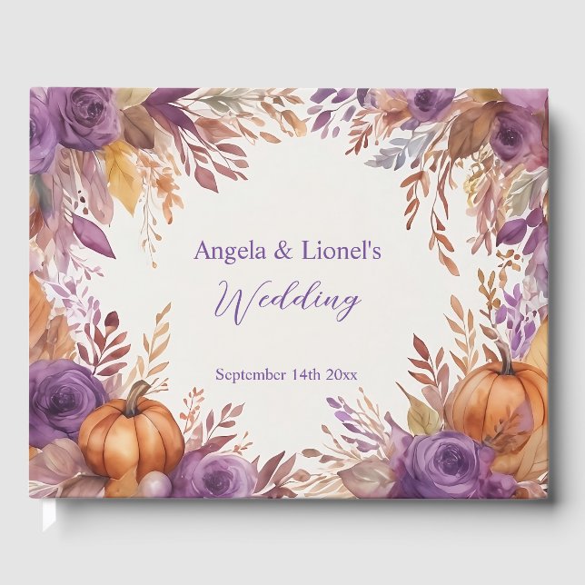 Elegant Pumpkins Purple Flowers Wedding Guest Book (Front)