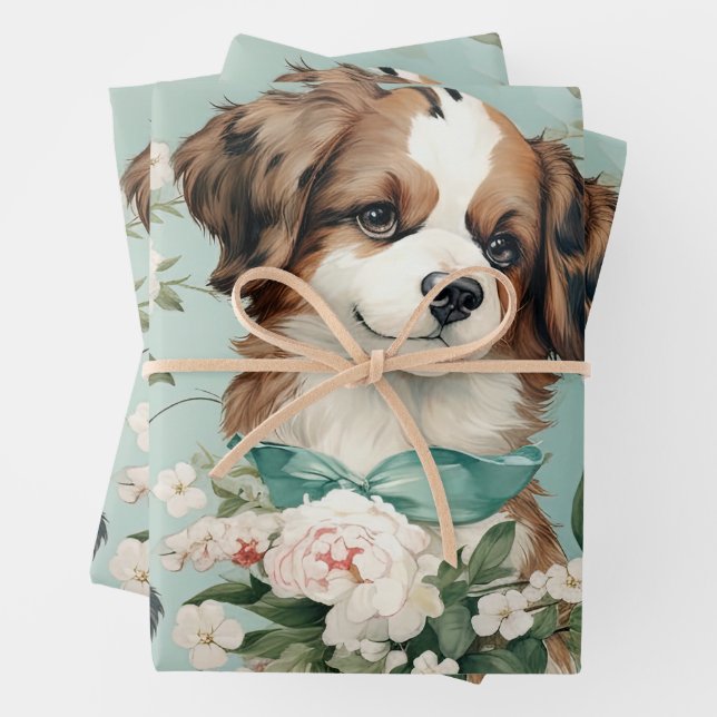 Elegant Puppy and Floral Print Wrapping Paper Sheet (In situ)