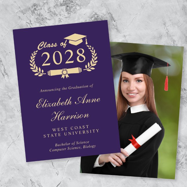 Elegant Purpel Gold Photo College Graduation Announcement (An elegant college graduation announcement to celebrate the graduate's achievements)