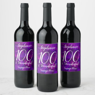 Elegant Purple 100 and Wonderful Birthday  Wine Label
