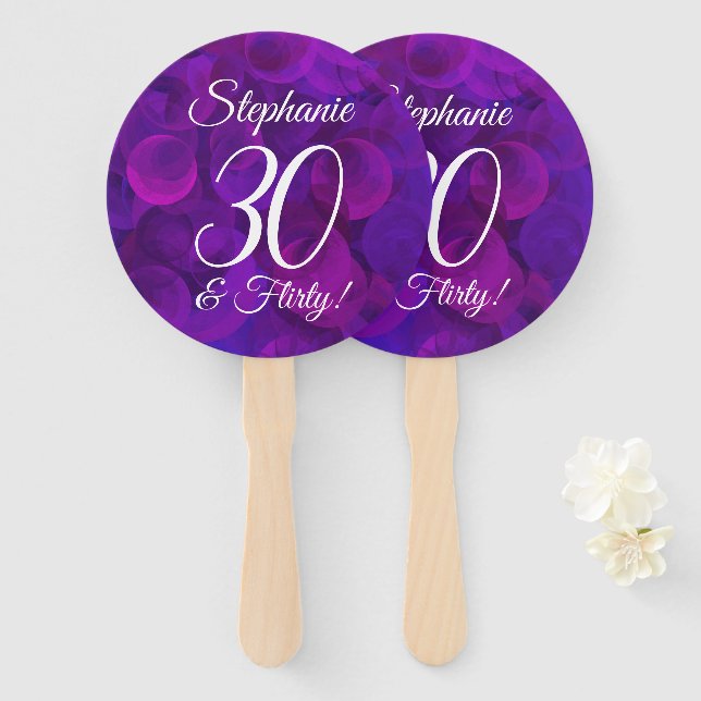 Elegant Purple 30 and Flirty Birthday Hand Fan (Front and Back)