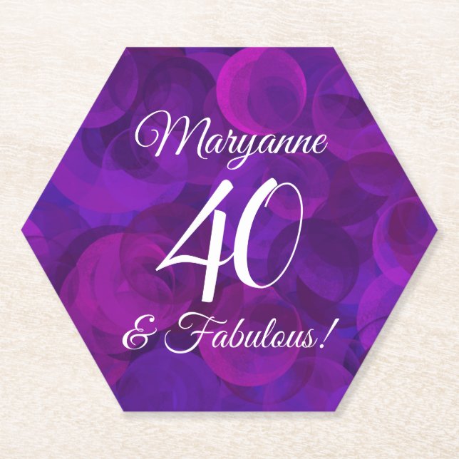 Elegant Purple 40 and Fabulous Birthday Party Paper Coaster (Front)