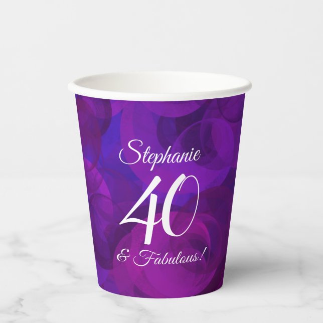 Elegant Purple 40 and Fabulous Birthday Party Paper Cups (Front)
