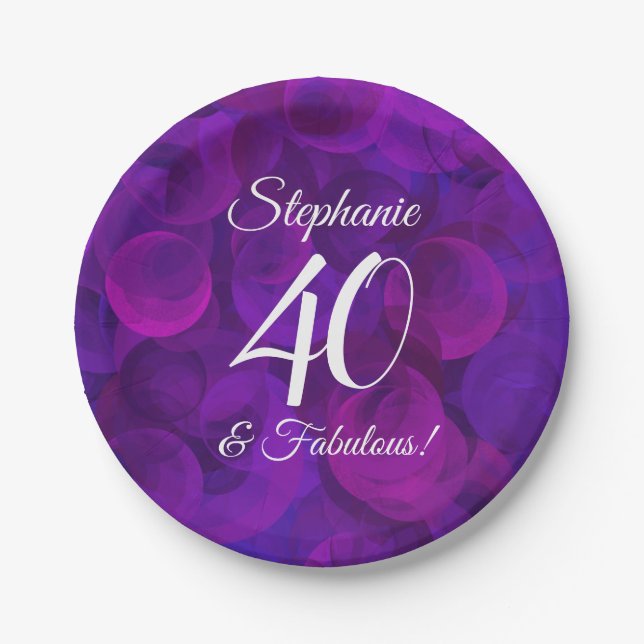 Elegant Purple 40 and Fabulous Birthday Party Paper Plate (Front)