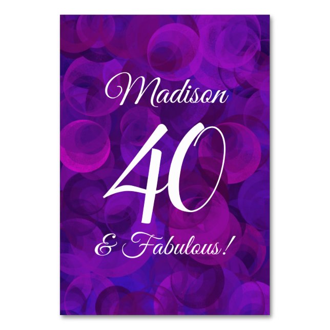 Elegant Purple 40 and Fabulous Birthday Party Table Number (Front)