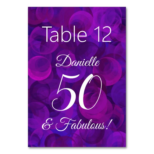 Elegant Purple 50 and Fabulous Birthday Party Name Table Number (Front)