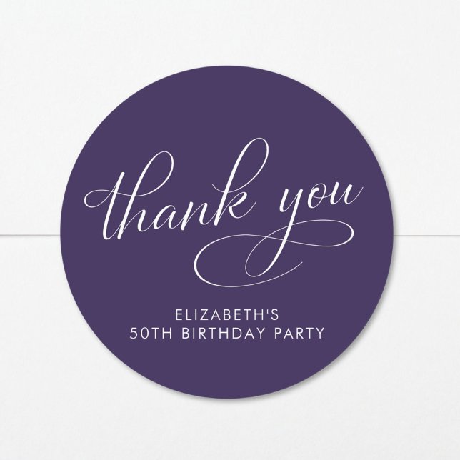 Elegant Purple 50th Birthday Party Thank You Classic Round Sticker (Creator Uploaded)