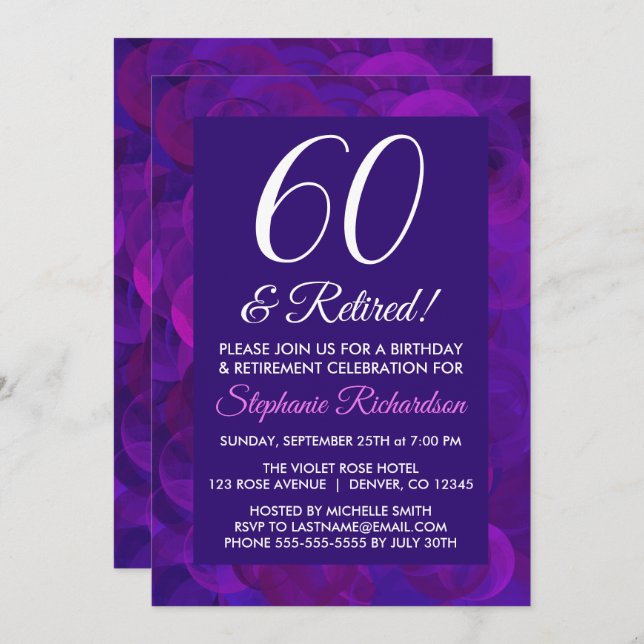 Elegant Purple 60 and Retired Retirement Party Invitation (Front/Back)