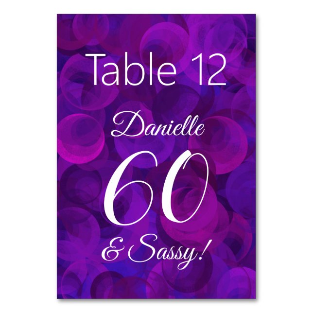 Elegant Purple 60 and Sassy Birthday Party Name Table Number (Front)