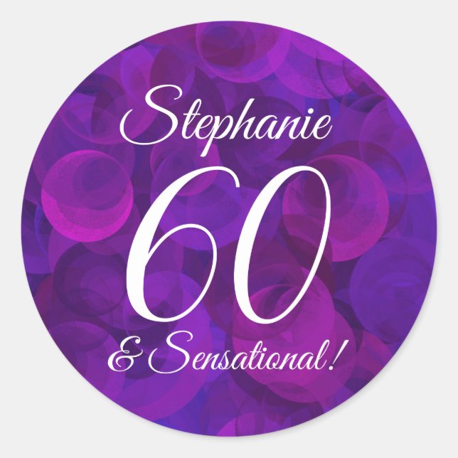 Elegant Purple 60 and Sensational Birthday Favour Classic Round Sticker (Front)