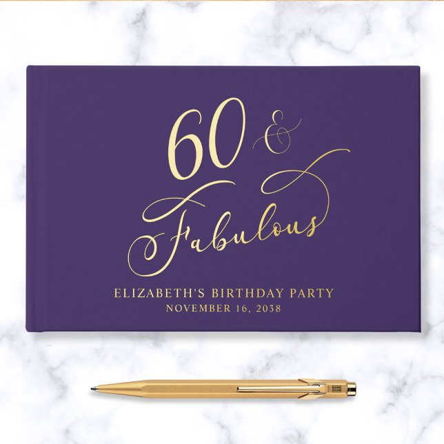 Elegant Purple 60th Birthday Party Gold Guest Book (Creator Uploaded)