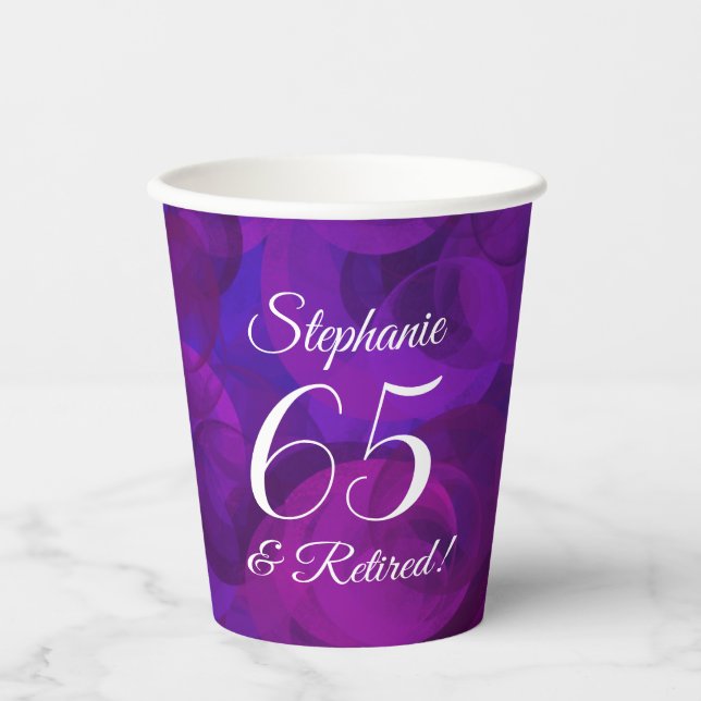 Elegant Purple 65 and Retired Retirement Party Paper Cups (Front)