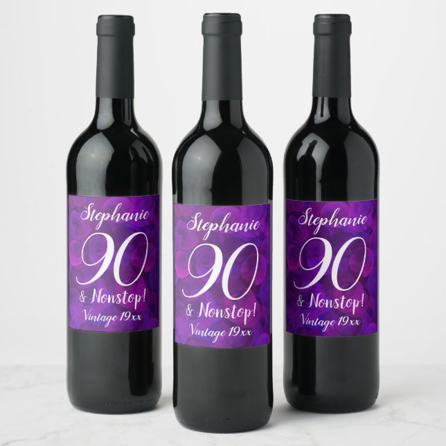 Elegant Purple 90 and Nonstop Birthday Customised Wine Label (Bottles)