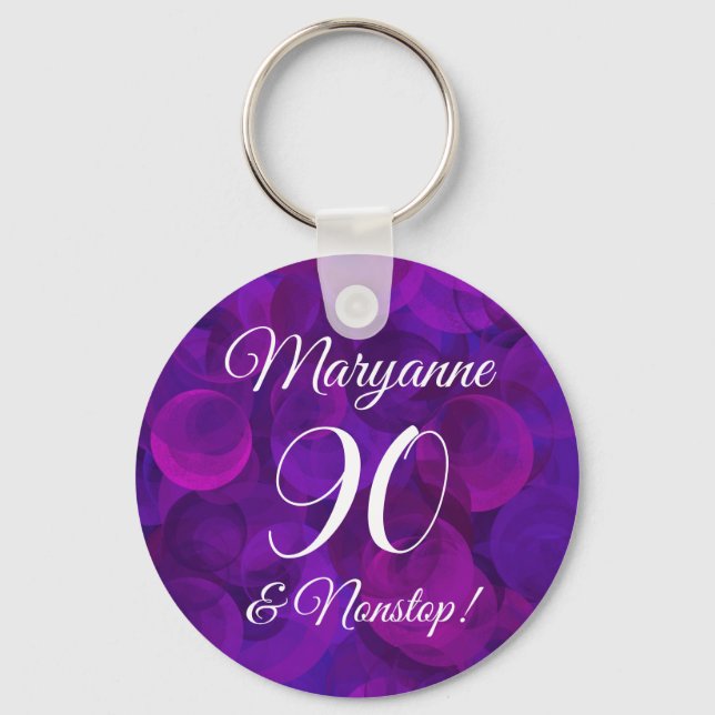 Elegant Purple 90 and Nonstop Birthday Party Key Ring (Front)