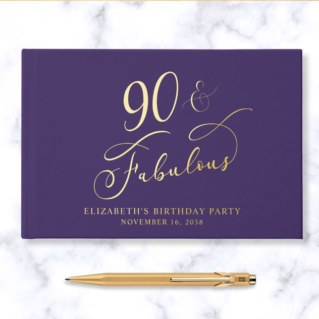 Elegant Purple 90th Birthday Party Gold Guest Book (Creator Uploaded)
