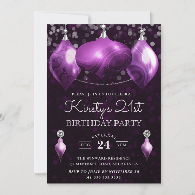 Elegant Purple Agate Baubles 21st Birthday Invitation (Front)