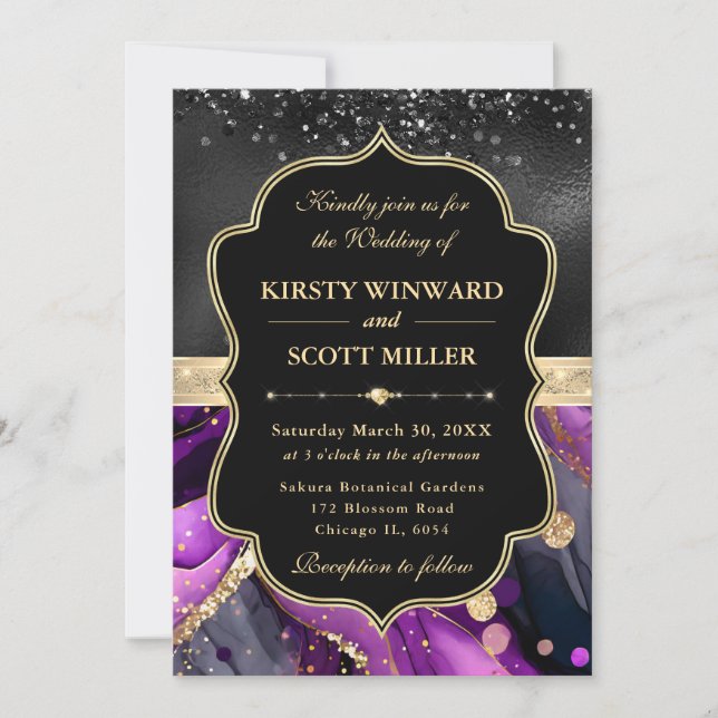 Elegant Purple Agate Black Glitter Wedding Invitation (Front)