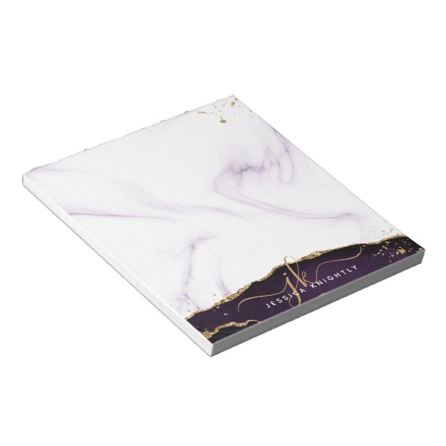 Elegant Purple Agate Marble Gold Glitter Monogram Notepad (Angled)