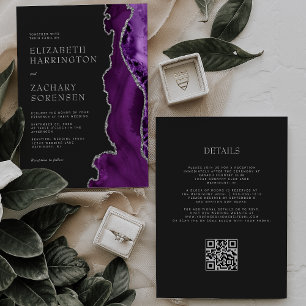 Elegant Purple Agate Silver Dark QR Code Wedding Invitation
