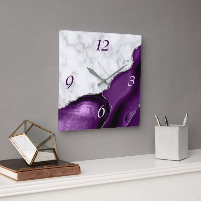 Elegant Purple Agate Silver Glitter Marble Square Wall Clock (Office)