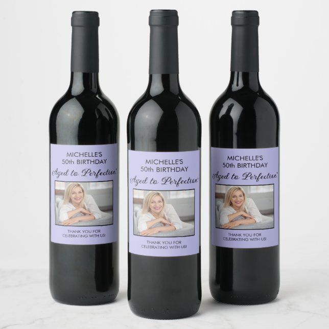 Elegant Purple Aged to Perfection Birthday Photo Wine Label (Bottles)