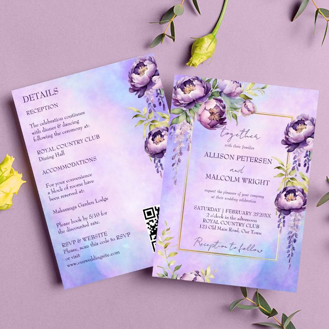 Elegant purple all in one wedding template (Elegant purple flowers wedding editable template invitation digital download lilac peonies wisteria )