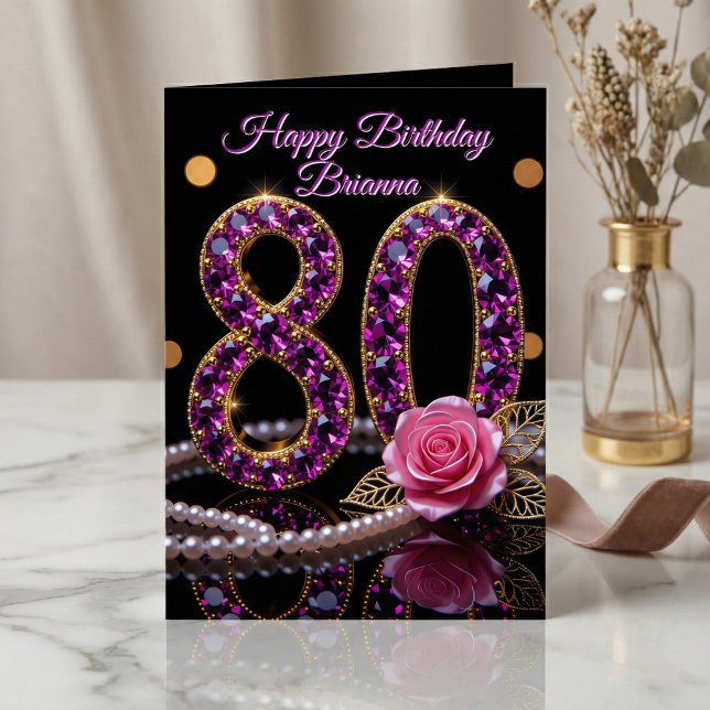 Elegant Purple Amethyst Jewel Gold 80th Birthday Card (Creator Uploaded)