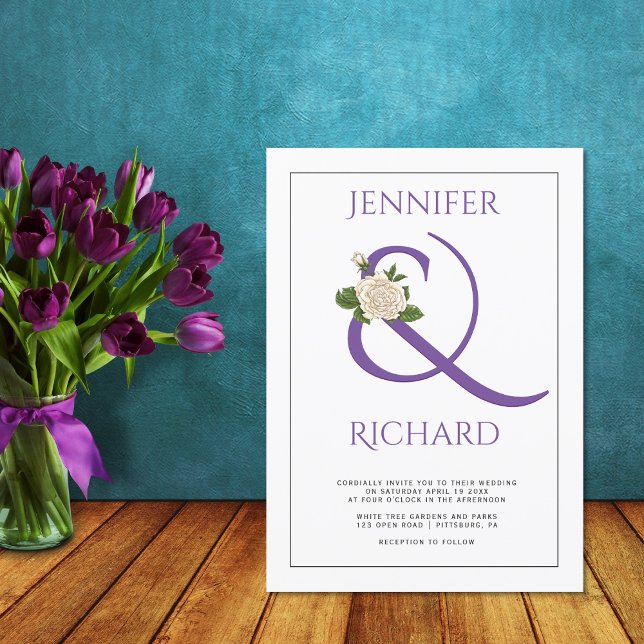 Elegant purple ampersand and white rose wedding invitation (Creator Uploaded)