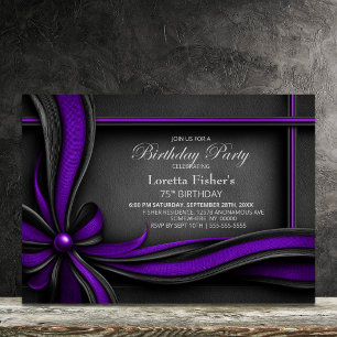 Elegant Purple and Black Bow 75th Birthday Party Invitation