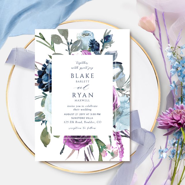 Elegant  Purple and Blue Botanical Floral Wedding Invitation (Creator Uploaded)