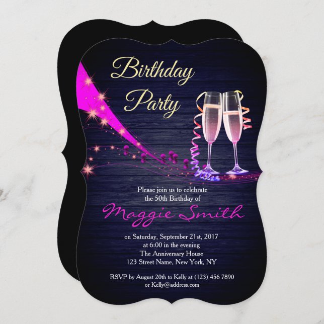 Elegant Purple and Blue Champagne  Birthday Invite (Front/Back)