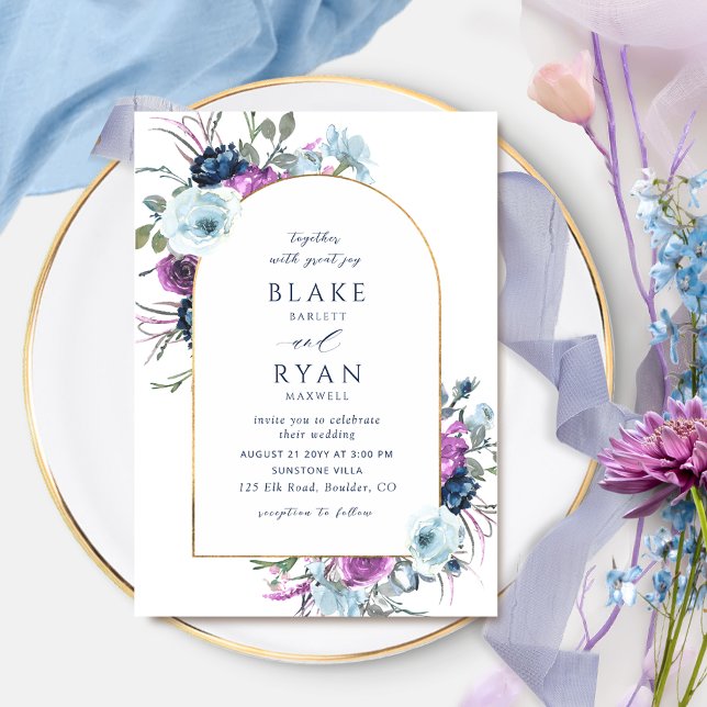 Elegant Purple and Blue Floral Arch Wedding Invitation (Creator Uploaded)