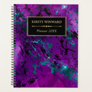 Elegant Purple and Blue Galaxy Marble Monogram Planner