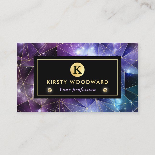 Elegant Purple and Blue Midnight Crystal Galaxy Business Card (Front)