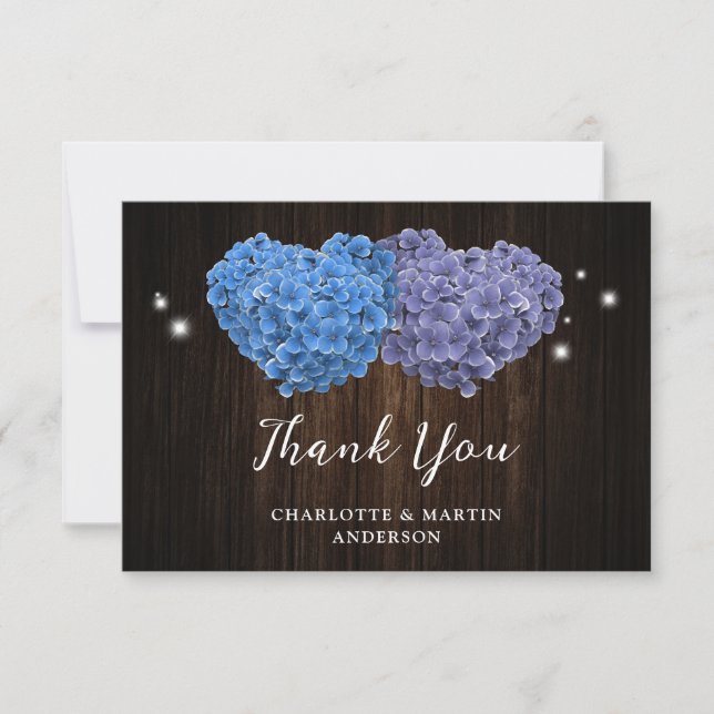 Elegant Purple and Blue Rustic Wood Floral Wedding Thank You Card (Front)