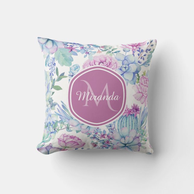 Elegant Purple and Blue Succulent Floral With Name Cushion (Front)