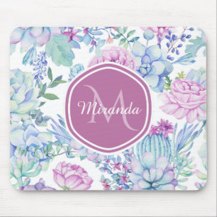 Elegant Purple and Blue Succulent Floral With Name Mouse Pad
