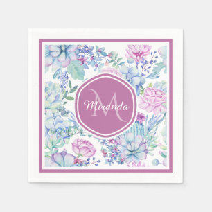 Elegant Purple and Blue Succulent Floral With Name Napkin