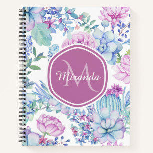 Elegant Purple and Blue Succulent Floral With Name Notebook