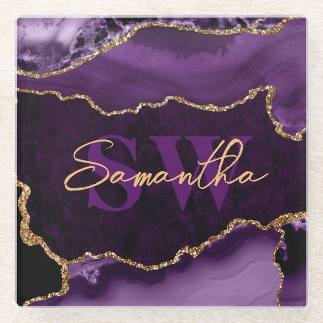 Elegant Purple and Faux Gold Glitter Marble Agate Glass Coaster (Front)